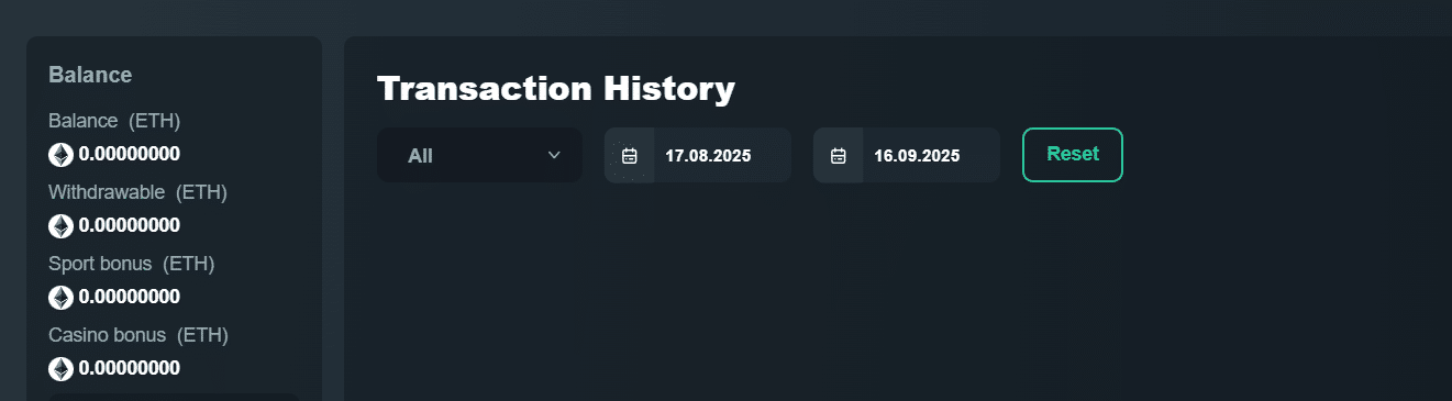 The transaction window for reviewing past coin transfers made at Vave.com