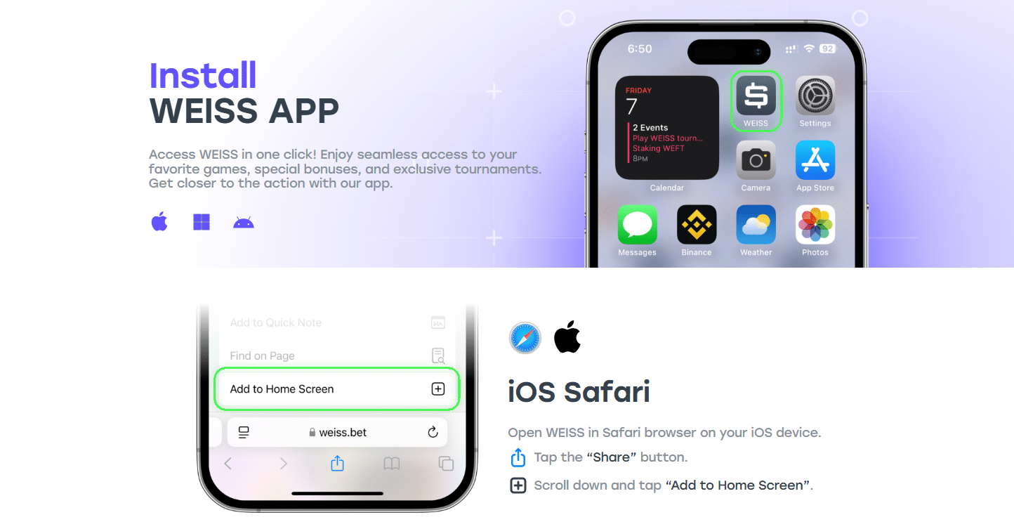 A promo banner advertising the Weiss.Bet add to home screen option for mobile users. 