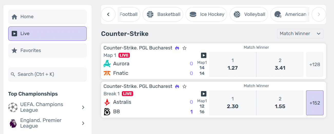 A look at the eSports Weiss.Bet section. 