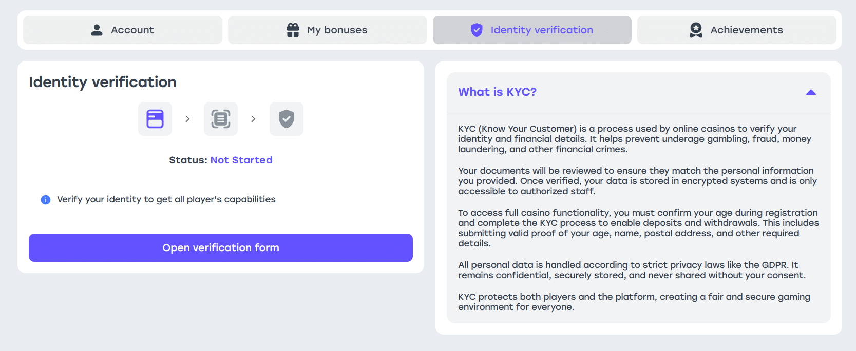 A look at the identity verification tab in the Weiss profile page for KYC verification. 