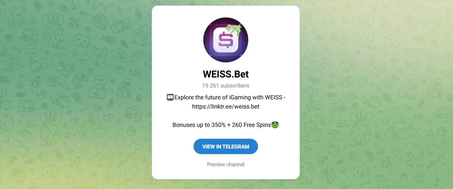 The Official Weiss.Bet Telegram page with its subscriber count visible. 