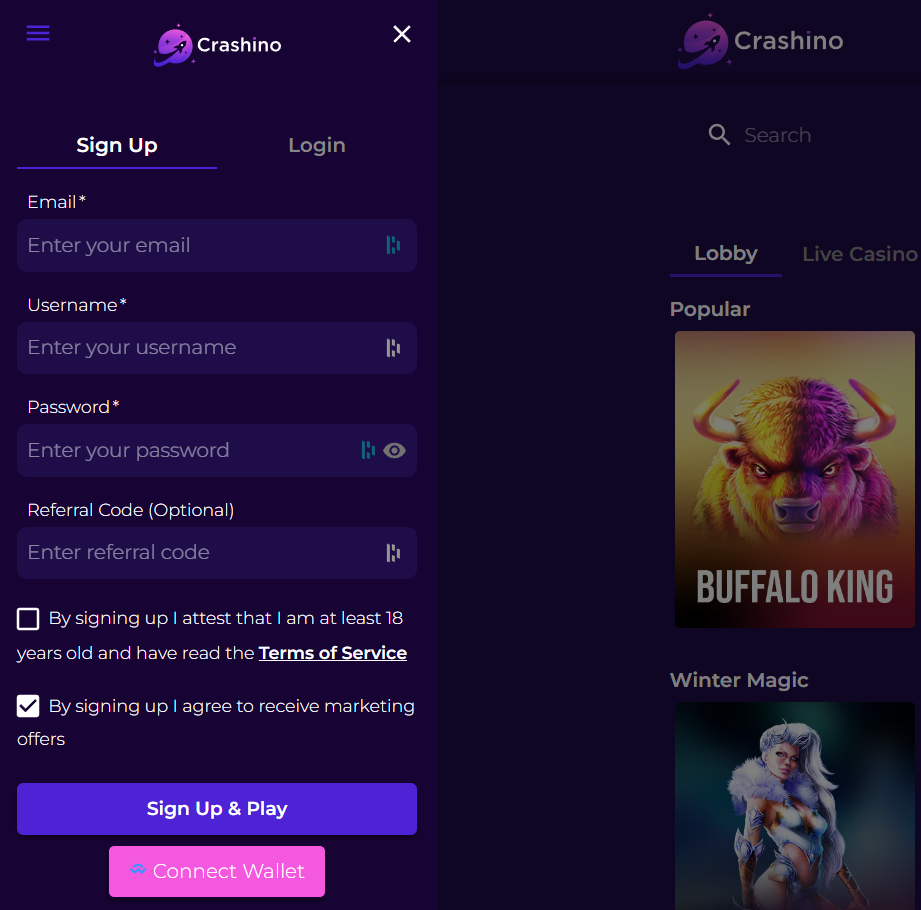 Crashino Casino Registration