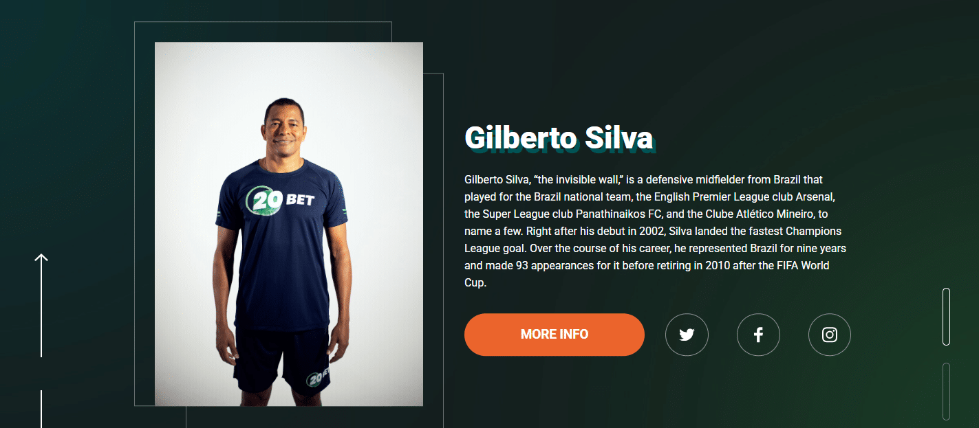 A photo of Gilberto Silva, the ex footballer player who is now a 20Bet brand ambassador. 