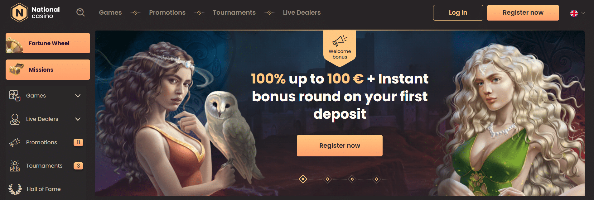 A view of National Casino, one of 20Bet's sister sites, a casino platform.