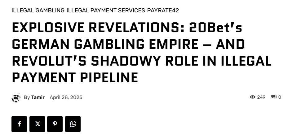 A news article detailing a scandal connected to 20Bet.com