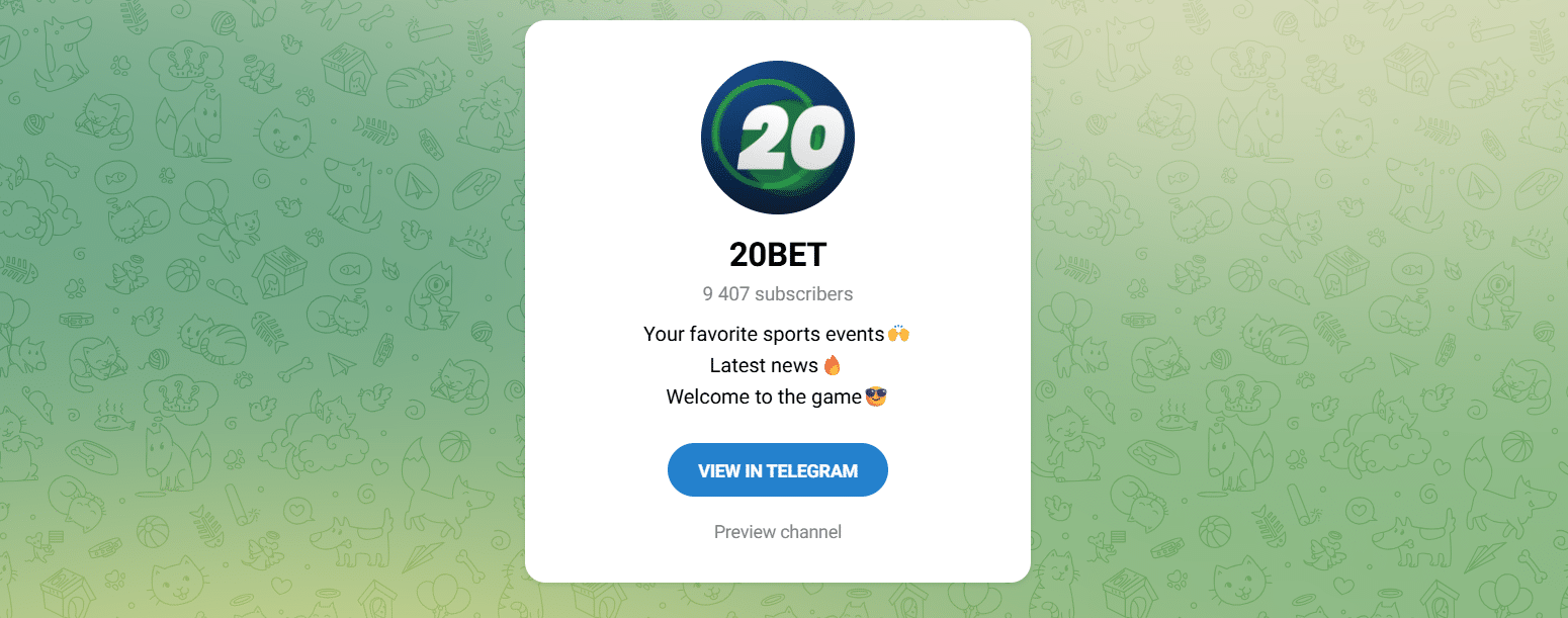 The 20Bet Telegram channel with its member count visible. 