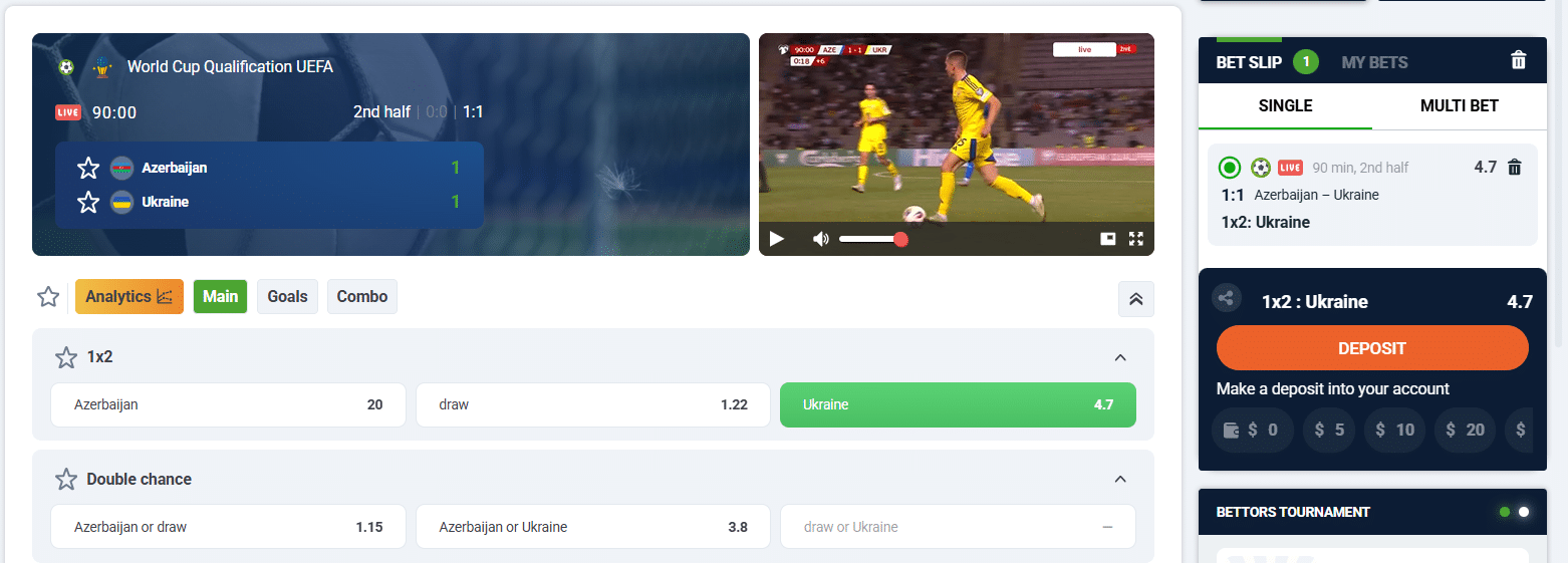 The betting interface for live football wagering at 20Bet.com.