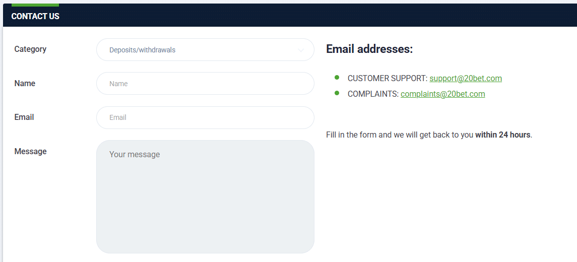 The contact form at 20Bet for reaching out to this site's support team.