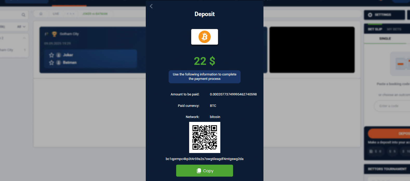 The Bitcoin deposit option in the 20Bet payment window.