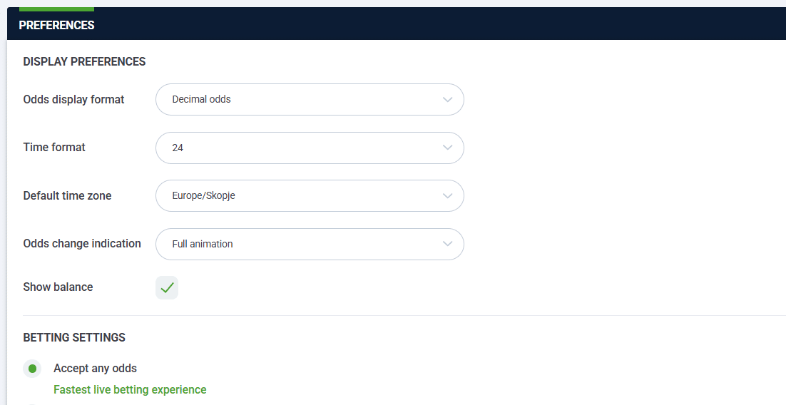 A few of the profile customization options found in the 20Bet.com user profile page.