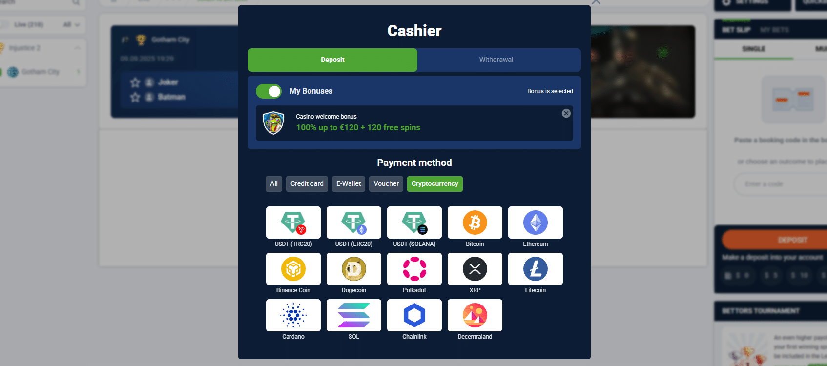 A look at the cashier window for depositing and withdrawing at 20Bet.com.