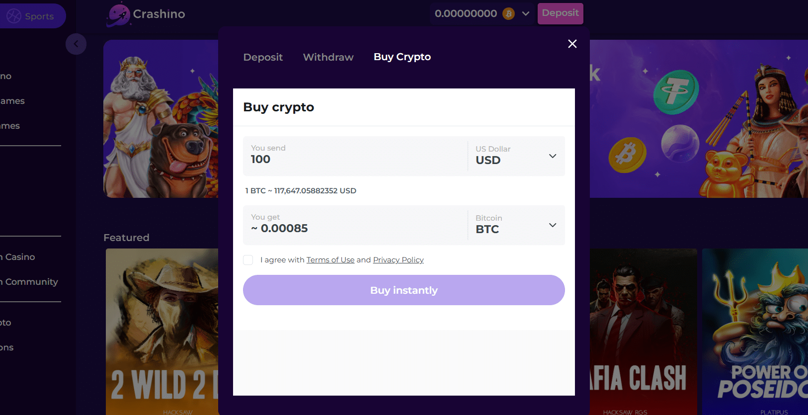 The Buy Crypto tab in the Crashino Payment window.