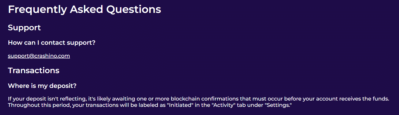 The opening of the Crashino FAQ page. 