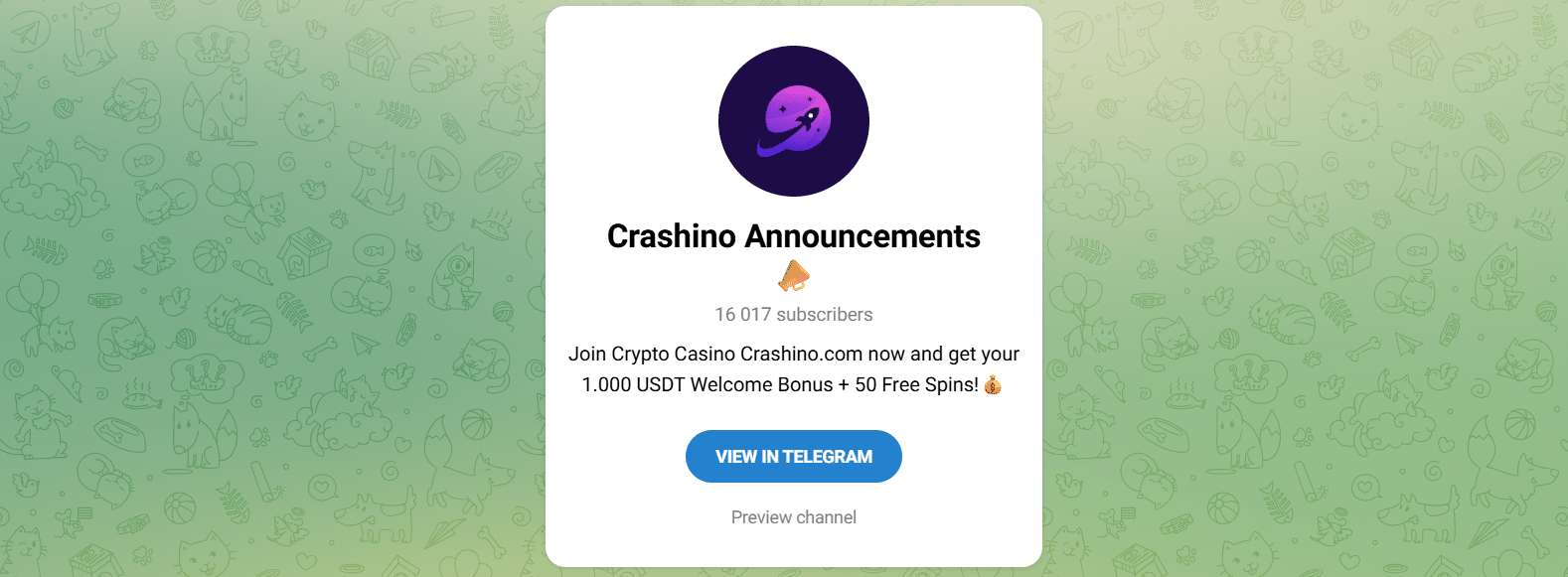 The Crashino official Telegram channel with its subscriber count visible. 