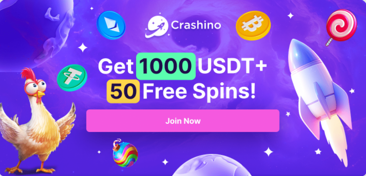 A promo banner for the Crashino welcome bonus available to casino gamblers. 