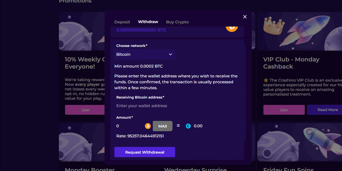 The withdrawal tab of the Crashino payment window.