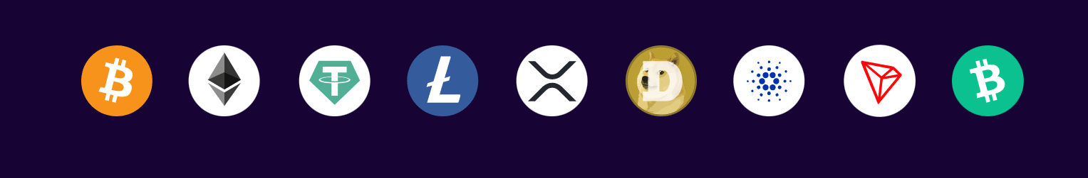 The logos of the cryptos accepted at Crashino for gaming and betting entertainment. 