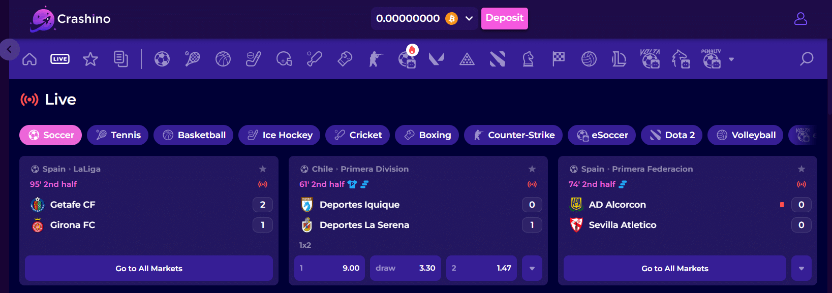 The live betting page at the Crashino sportsbook. 