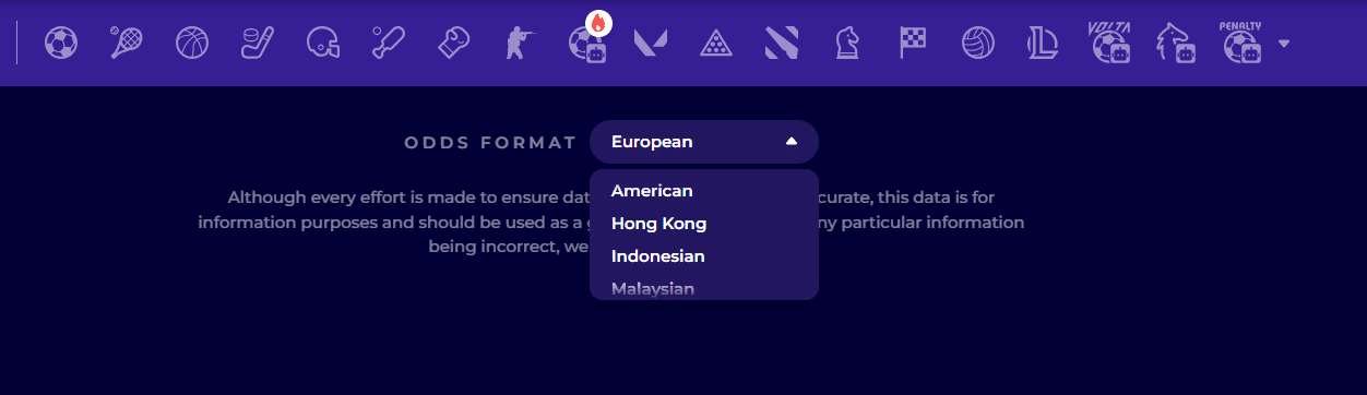 The odds format selector at Crashino.com.