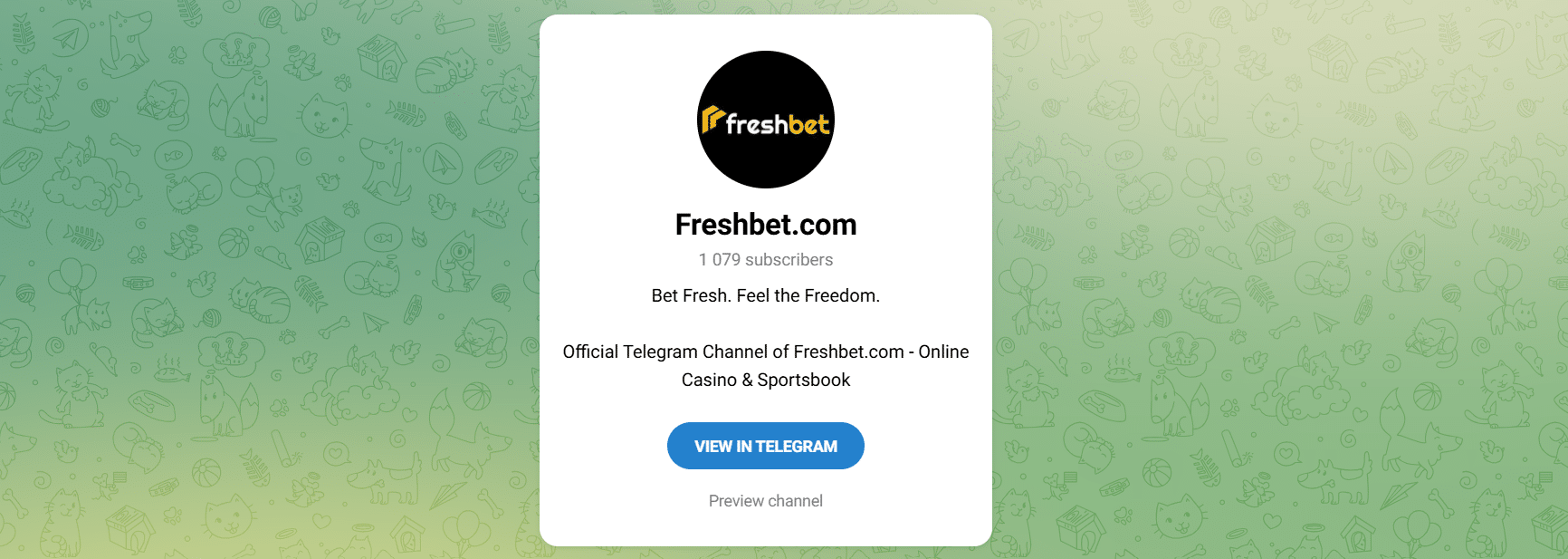 A browser screenshot of the official FreshBet Telegram channel with its subscribe count visible. 
