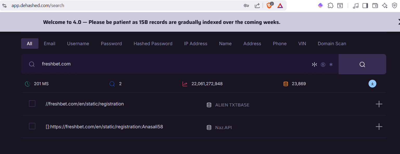 A look into the dehashed website which suggests that per its database, there may have been database breaches at FreshBet.
