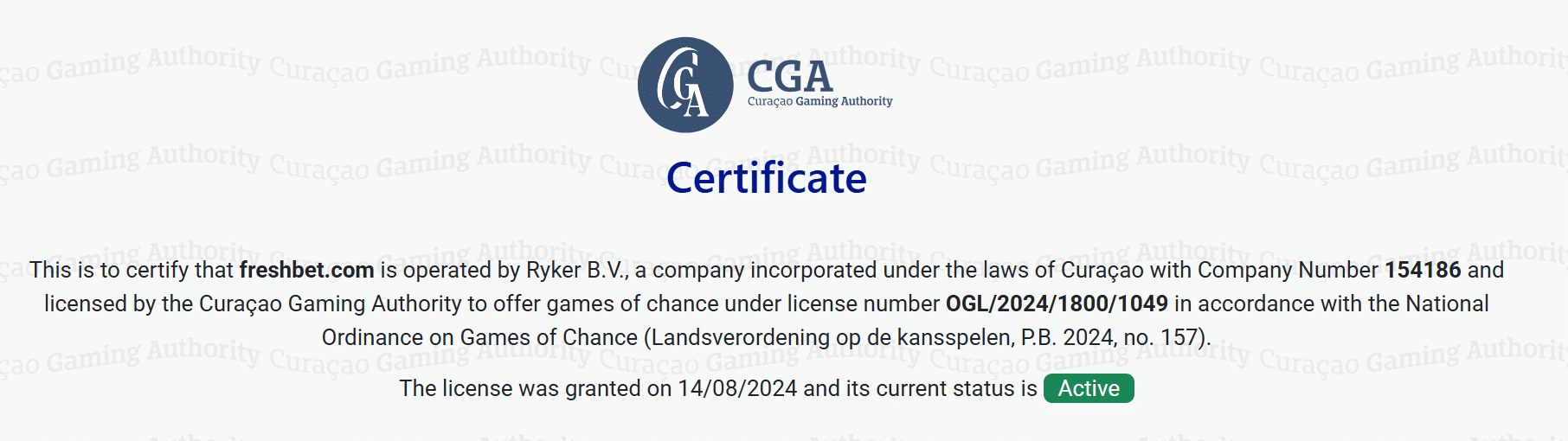 The FreshBet Curacao license number and certification.