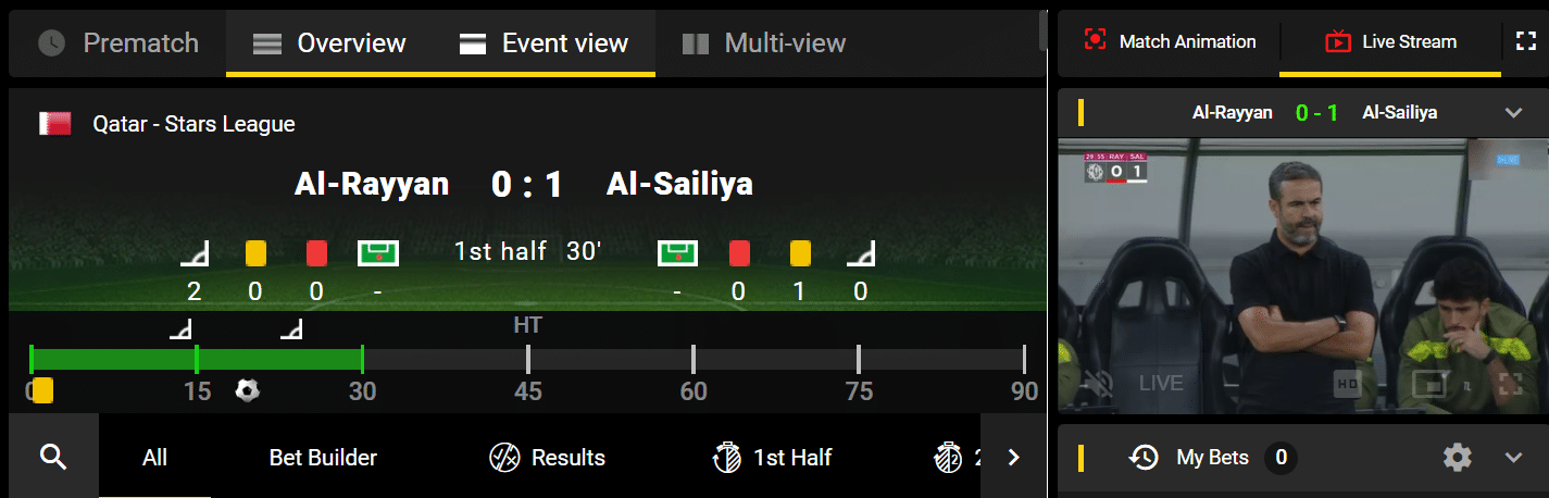 A sample football live stream found on the live betting page at FreshBet.