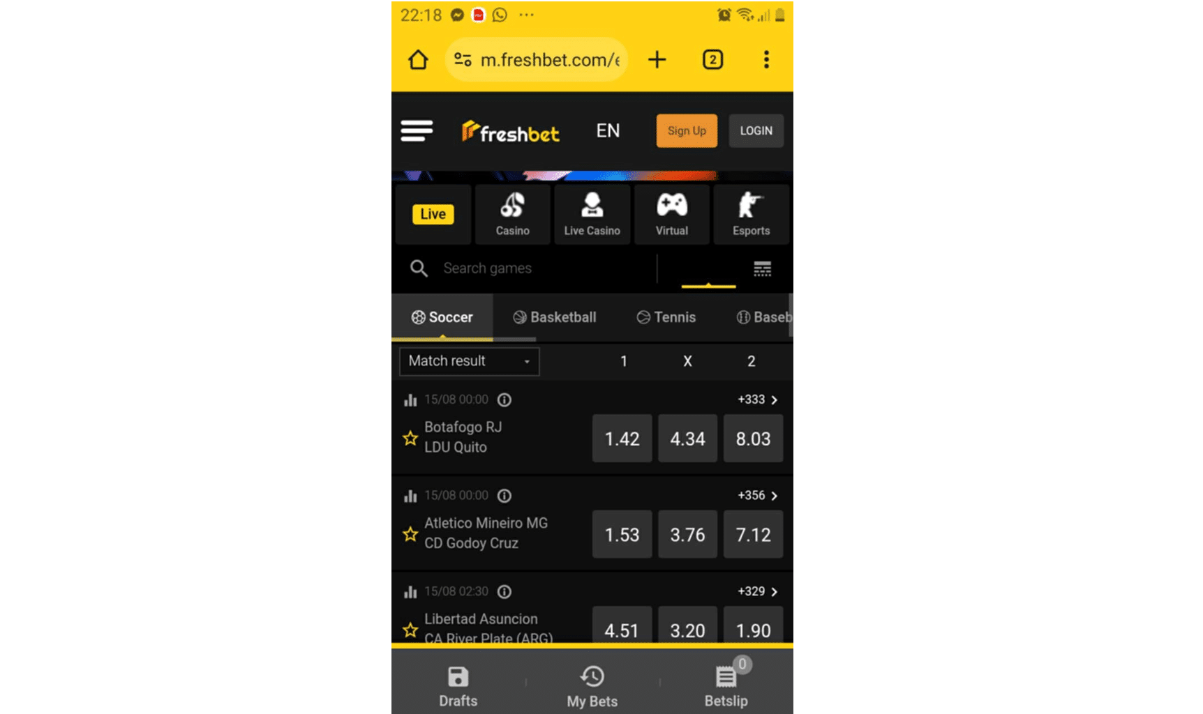 A sample of the mobile version of the FreshBet sportsbook, a screenshot taken in Chrome on a Samsung phone.