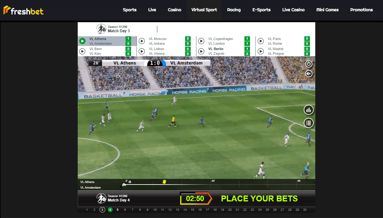 A sample virtual football game offered for betting at the FreshBet sportsbook.