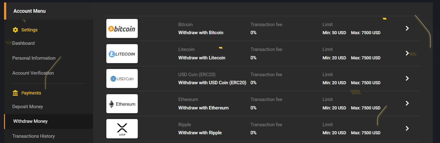 A look at the withdrawal section of the FreshBet payment page.