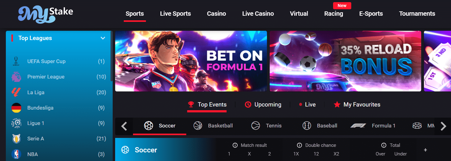A look at the MyStake's sportsbook, a sister site, which uses the Upgaming solution, the same one as Velobet.