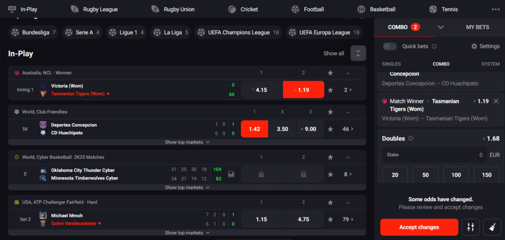 A look at the betting interface at N1Bet's sportsbook section. 