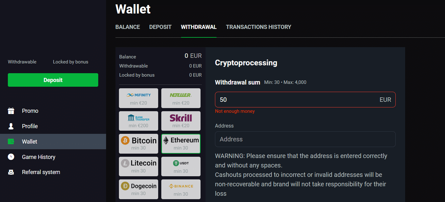 The withdrawal tab in the N1Bet payment window.