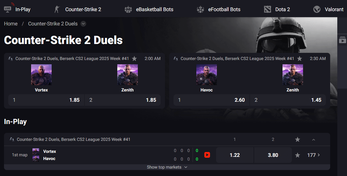 The N1Bet eSports section for betting on video game competitions.