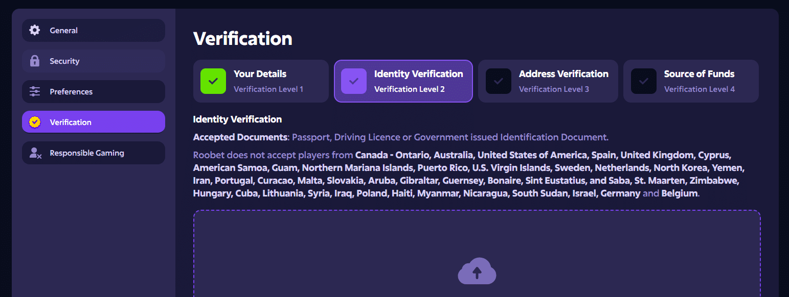 The Roobet KYC account tab with the four levels of identity verification outlined. 