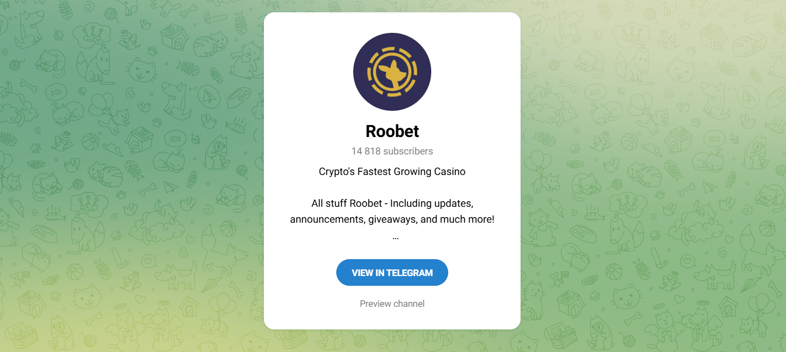 A screenshot of the official Roobet Telegram channel with the subscriber count visible. 