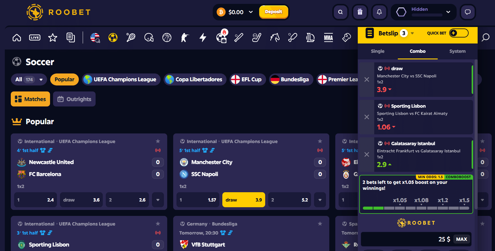 A look at the betting interface at Roobet with the soccer section opened.