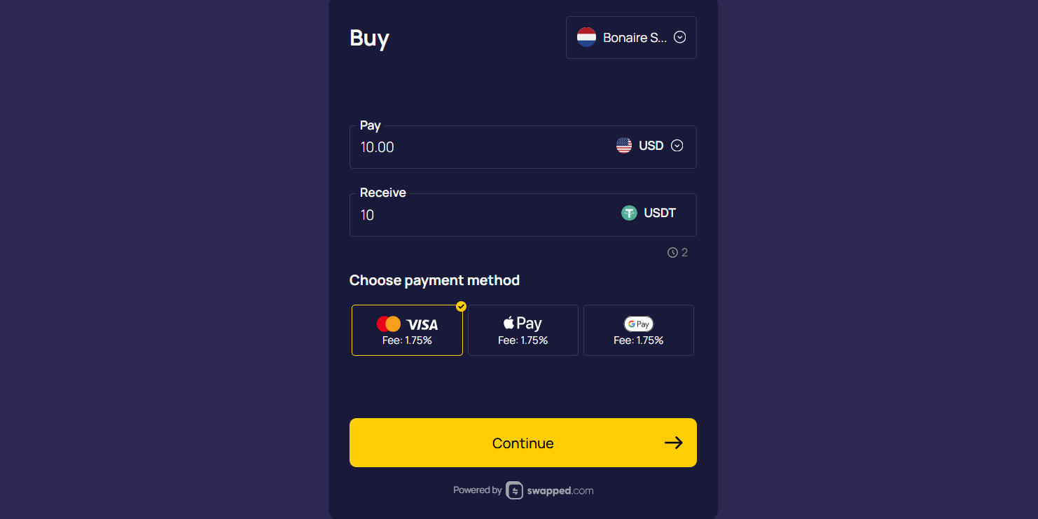 The buy crypto tab in the Roobet payment window through which you can get coin using methods like Visa, Apple Pay, and Google Play.