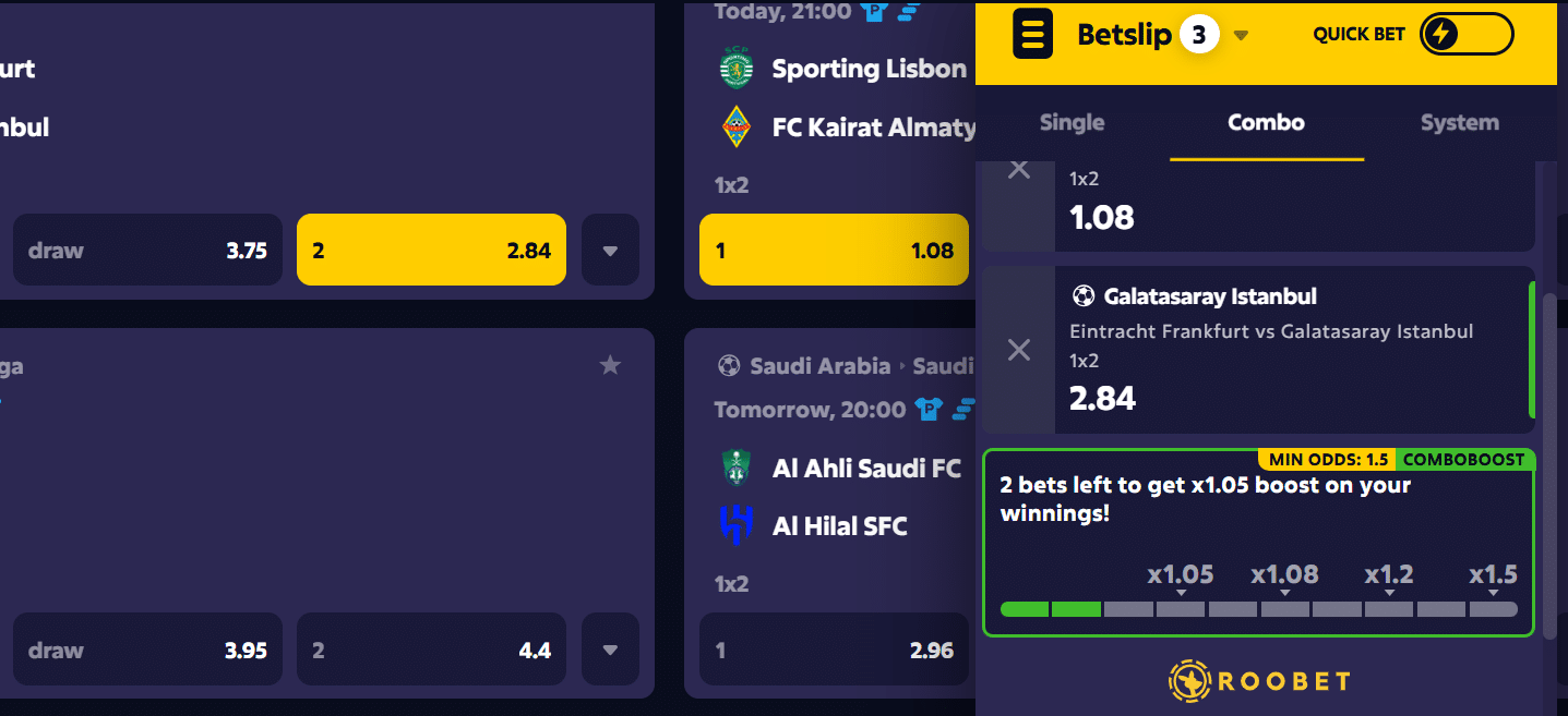The Roobet combo boost feature inside the bet slip panel here.