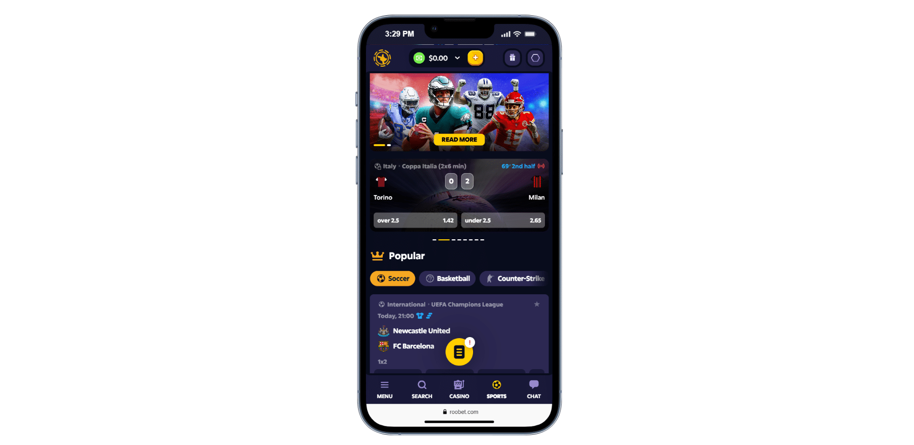 The Roobet sportsbook mobile version with the popular section visible and an NFL promo banner.