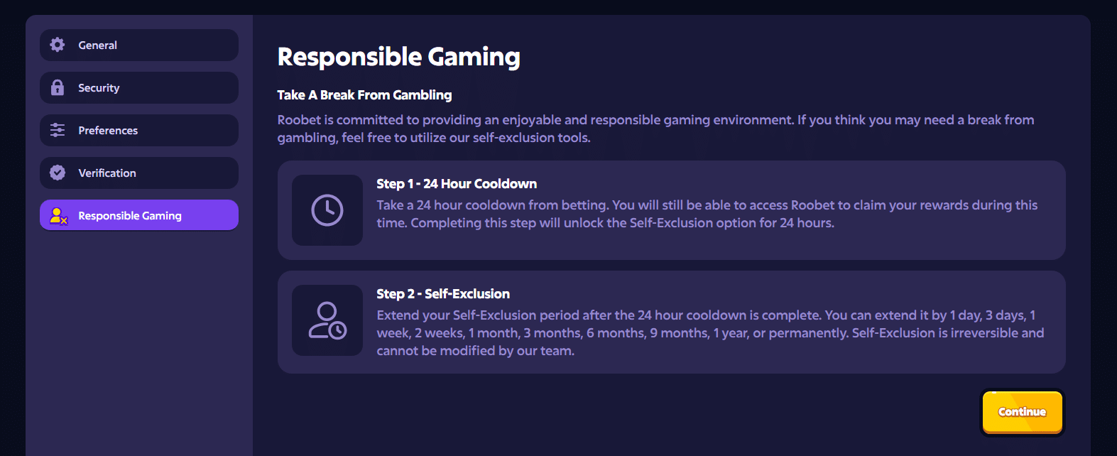 Roobet's responsible gambling tab inside the Roobet settings page. 