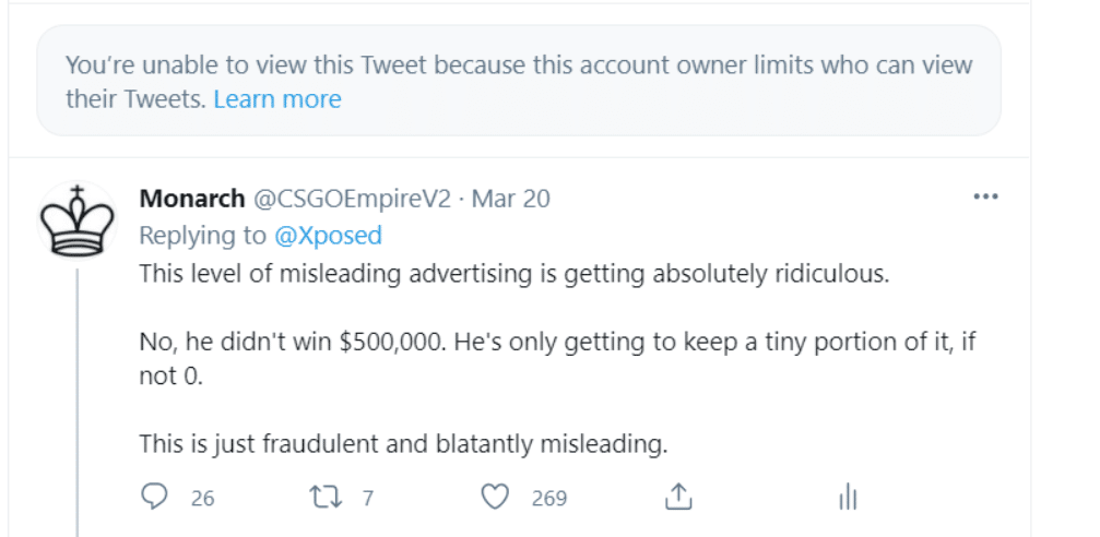 A look at the tweet from Monarch of the gambling site CSGOEmpire accusing Roobet of false marketing.