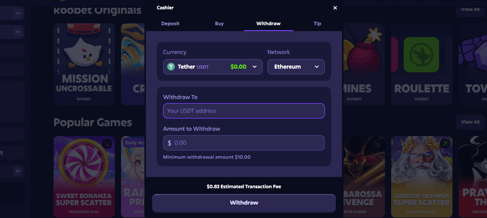 The Roobet withdrawal crypto tab in the site payment window. 