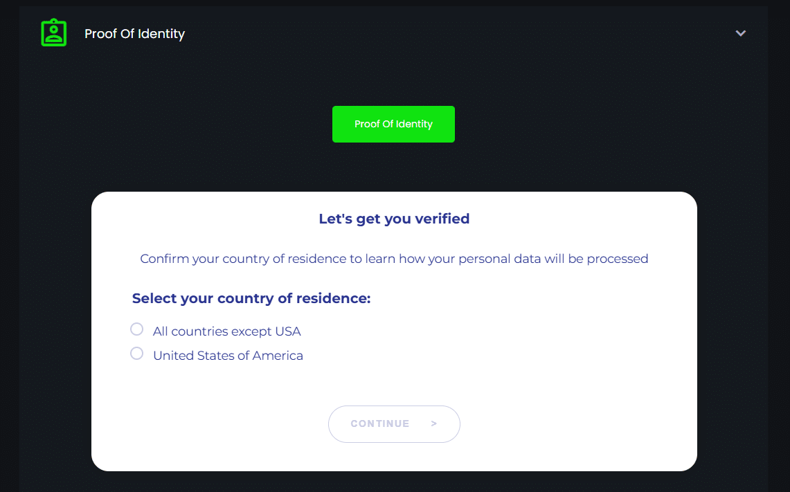 The Velobet KYC, identity verification tab in one's Velobet profile settings. 