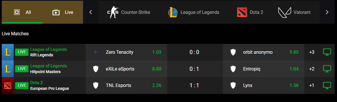 A section of the eSports betting page of the Velobet sportsbook. 