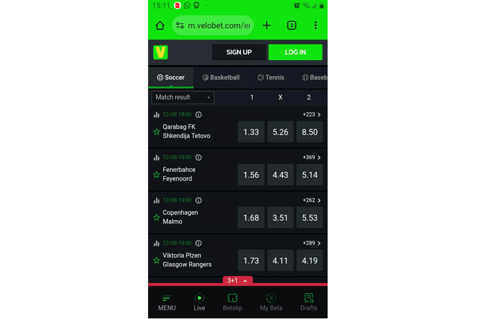 A look at the soccer field in the Velobet sportsbook through a mobile view.
