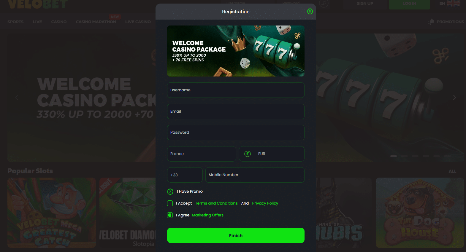 The Velobet registration form through which you join this crypto gambling site