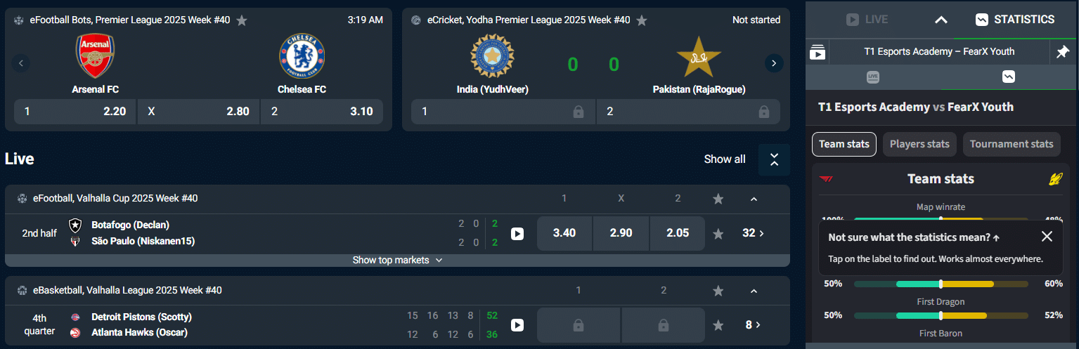 The Winz.io eSports section. 