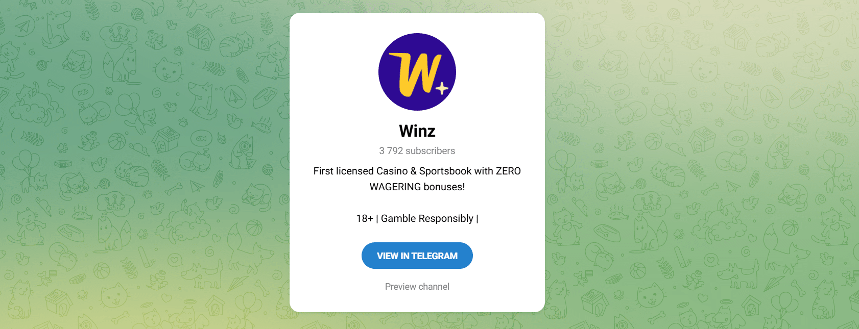 The Winz.io Telegram channel with the subscriber count visible. 