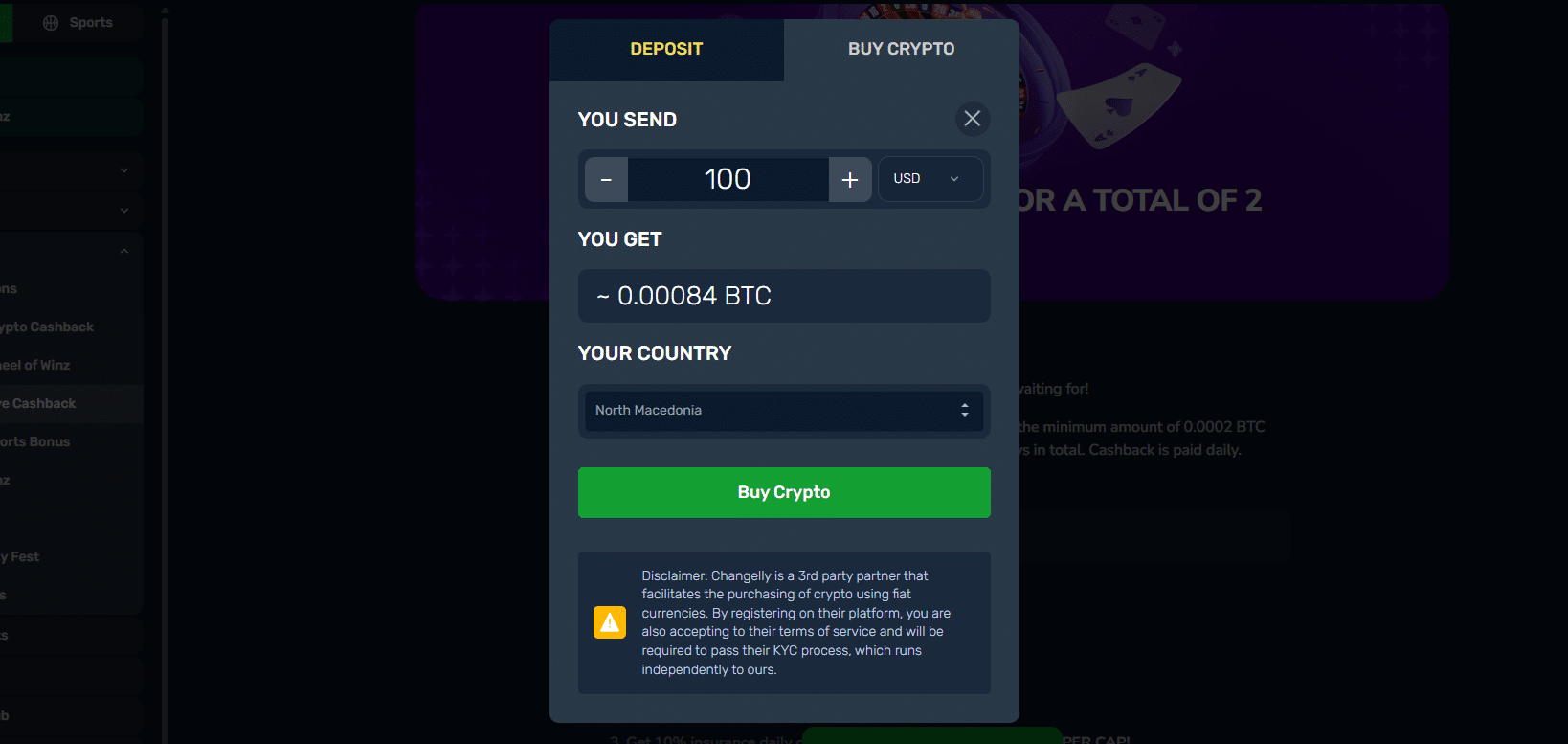 The buy crypto option inside the Winz.io payment page. 